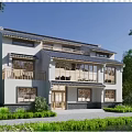 Chinese Style Multistory Apartment Exterior With Greenery And Large Windows