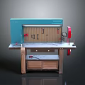Tool Workbench With Blue Backboard Tools Drawers And Red Components 3d model