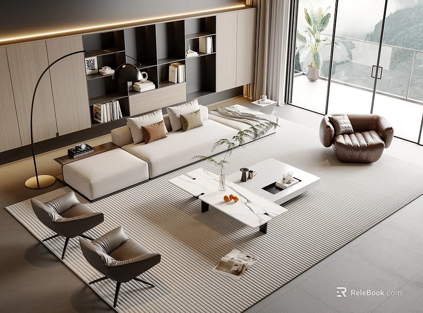 Modern Living Room Sofa Coffee Table Set With White Sofa Glass Table Armchairs And Bookshelf 3d model 