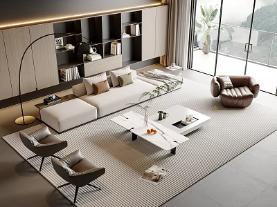 Modern Living Room Sofa Coffee Table Set With White Sofa Glass Table Armchairs And Bookshelf 3d model