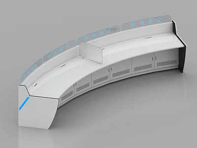 Modern Curved Office Desk Design With White Finish Blue Accents And Storage Cabinets 3d model