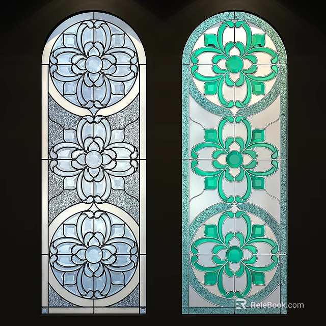 Stained Glass Panels With Repeated Floral Patterns Symmetrical Design in Blue and Green Tones 3d model 