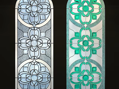 Stained Glass Panels With Repeated Floral Patterns Symmetrical Design in Blue and Green Tones 3d model