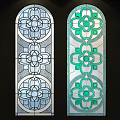 Stained Glass Panels With Repeated Floral Patterns Symmetrical Design in Blue and Green Tones