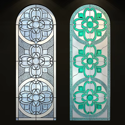 Stained Glass Panels With Repeated Floral Patterns Symmetrical Design in Blue and Green Tones 3d model