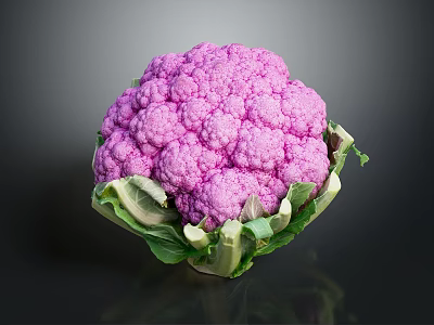 Fresh Vibrant Purple Cauliflower With Green Leaves On Dark Background 3d model