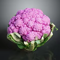 Fresh Vibrant Purple Cauliflower With Green Leaves On Dark Background