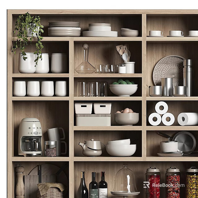 Wooden Kitchen Shelf Organizing Various Kitchenware Plates Bowls Mugs And Storage Boxes 3d model 