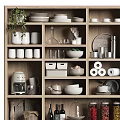 Wooden Kitchen Shelf Organizing Various Kitchenware Plates Bowls Mugs And Storage Boxes