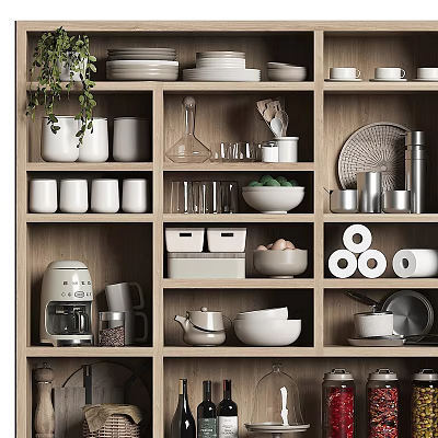 Wooden Kitchen Shelf Organizing Various Kitchenware Plates Bowls Mugs And Storage Boxes 3d model
