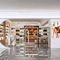 Modern Minimalist Boutique With Circular Arch Entrance And Shelves Displaying Products On Marble Floor