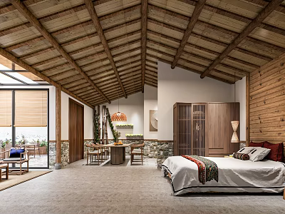 Rustic Bedroom With Wooden Ceiling Large Windows And Cozy Bed 3d model