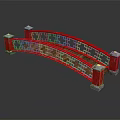 Chinese Style Red Arch Bridge With Traditional Railings And Wooden Deck