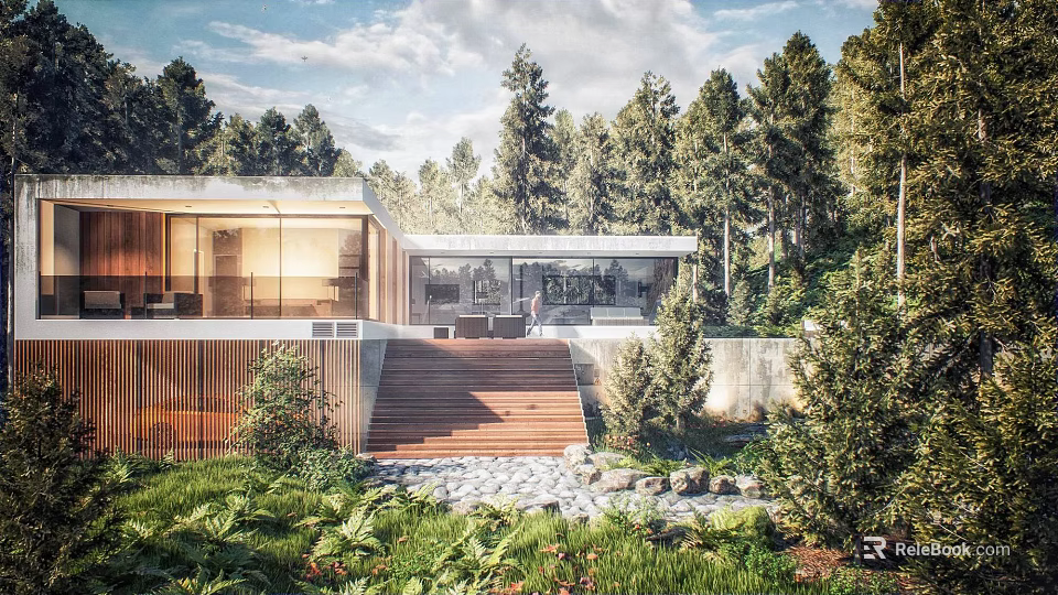 Modern Detached House In Forest Setting With Wooden Steps Large Windows And Open Terrace 3d model 