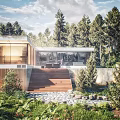 Modern Detached House In Forest Setting With Wooden Steps Large Windows And Open Terrace