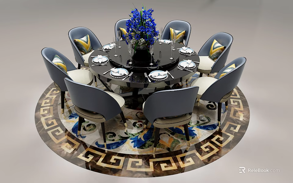 Luxurious Round Dining Table Set with Gray Gold Chairs Blue Flower Bouquet and Geometric Rug 3d model 