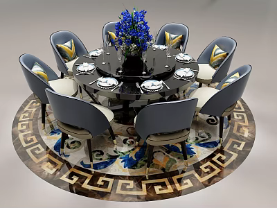 Luxurious Round Dining Table Set with Gray Gold Chairs Blue Flower Bouquet and Geometric Rug 3d model
