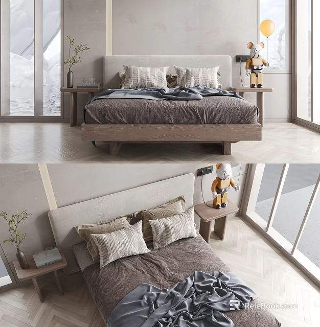 Modern Double Bed With Wooden Frame Upholstered Headboard Plush Pillows And Linen Bedding 3d model 