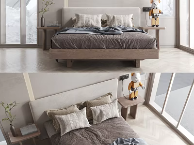 Modern Double Bed With Wooden Frame Upholstered Headboard Plush Pillows And Linen Bedding 3d model