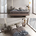 Modern Double Bed With Wooden Frame Upholstered Headboard Plush Pillows And Linen Bedding