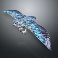 Blue and White Eagle Flying with Spread Wings and Detailed Feathers on Gray Background