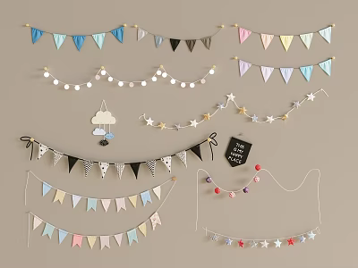 Colorful Wall Decorations Featuring Bunting Flags String Lights Stars And Cloud Designs 3d model