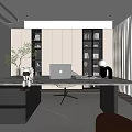 Modern Study Room Interior With Wooden Desk Laptop Bookshelves Chair And Floor to Ceiling Window