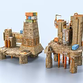 Future Architecture With Stone Tower Structures Support Pillars And Industrial Mechanical Parts 3d model
