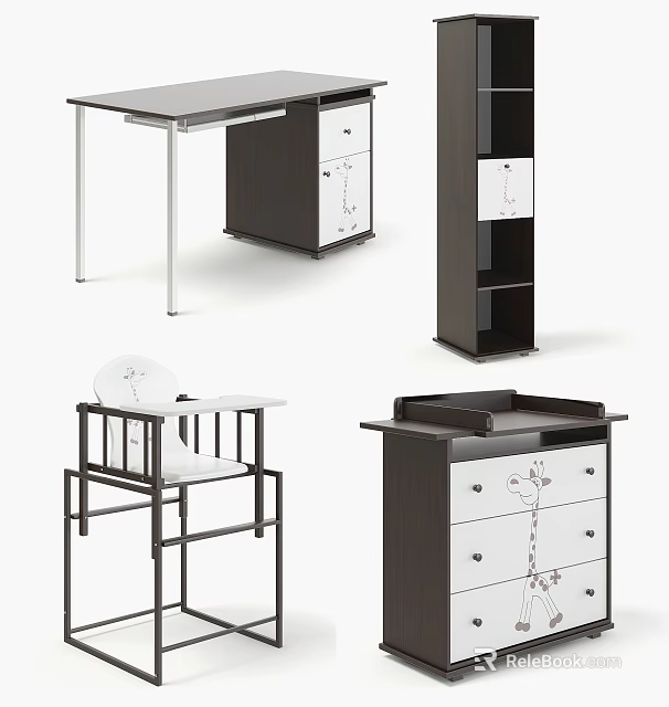 Stylish Modern Dresser With Black White Finish And Floral Drawer Design 3d model 