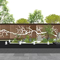 Wooden Feature Wall With Tree Branch Patterns Surrounded By Green Plants And Reflection Pool 3d model
