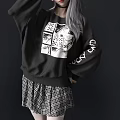 Woman with Pink Cat Ears Wearing Black Graphic Sweatshirt and Plaid Skirt in Black Background
