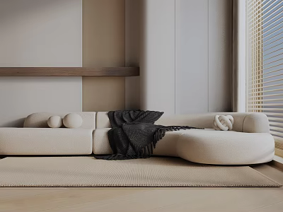 Beige Curved Three Seater Sofa With Black Throw Blanket And Wooden Shelf 3d model