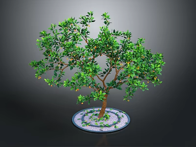 Potted Tree with Green Leaves Orange Fruits and Brown Trunk in Circular Pot White Pebbles 3d model