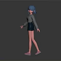 3D Character Model With Blue Hair Gray Long Sleeve Top Black Shorts And Pink Shoes