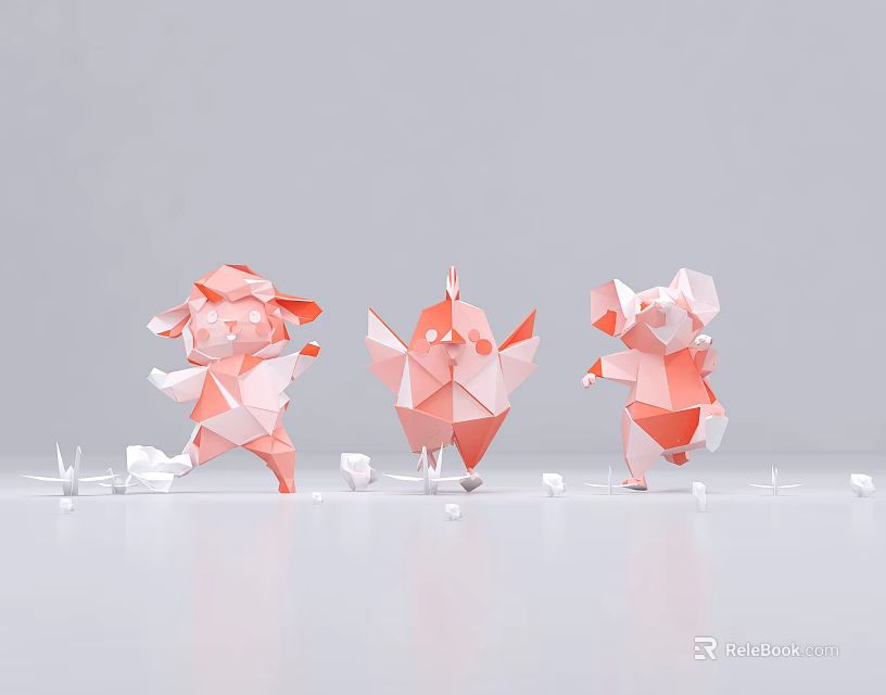 Art Installation Featuring Pink Origami Animal Figures With Geometric Design Elements 3d model