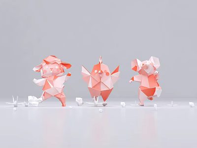 Art Installation Featuring Pink Origami Animal Figures With Geometric Design Elements 3d model