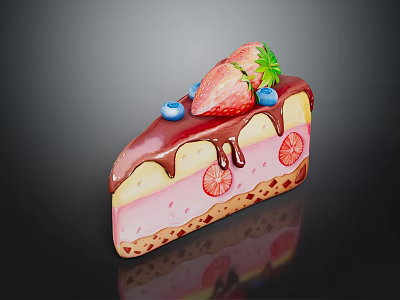 Delicious Cake Slice With Fresh Strawberry Blueberries Chocolate Drizzle Cream Layers And Cookie Crust 3d model