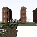 Multi Story Red Brick Residential Building With Commercial Podium And Street Green Belt