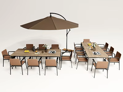 Outdoor Table And Chair Combination With Brown Umbrella Fruits And Tableware 3d model