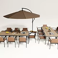 Outdoor Table And Chair Combination With Brown Umbrella Fruits And Tableware
