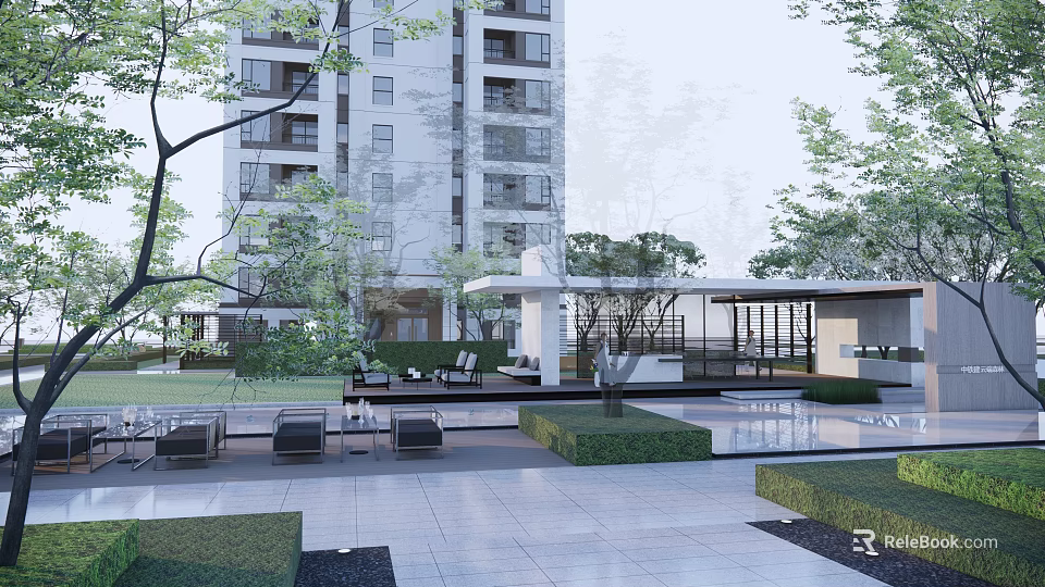 Modern Pergola in Residential Courtyard with Greenery Seats Modern Building and Paved Flooring 3d model 