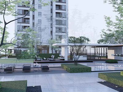 Modern Pergola in Residential Courtyard with Greenery Seats Modern Building and Paved Flooring 3d model