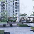 Modern Pergola in Residential Courtyard with Greenery Seats Modern Building and Paved Flooring