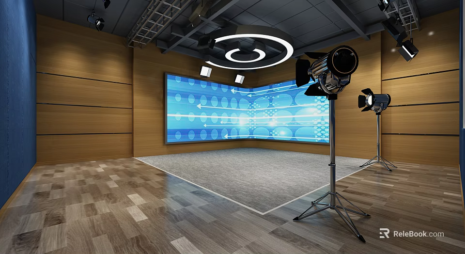 Public Workspace With Wooden Walls Large Blue Screen Lighting Stands And Wooden Flooring 3d model 
