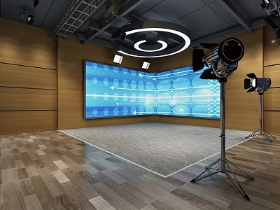 Public Workspace With Wooden Walls Large Blue Screen Lighting Stands And Wooden Flooring 3d model