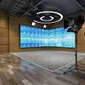 Public Workspace With Wooden Walls Large Blue Screen Lighting Stands And Wooden Flooring