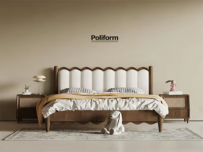 Poliform Double Bed With Upholstered Headboard Wooden Frame Bedside Tables And Carpet 3d model