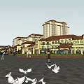Vibrant Commercial Street Featuring Arcades Shop Facades Pedestrians Stone Decorations And Greenery