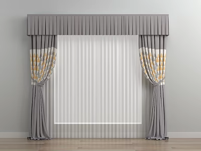 Gray Curtains With Pleated Valance And Patterned Panels For Window Interior 3d model