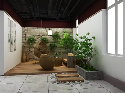 Natural Indoor Lounge Interior with Stone Wall Rattan Furniture Green Plants And Lantern Light 3d model